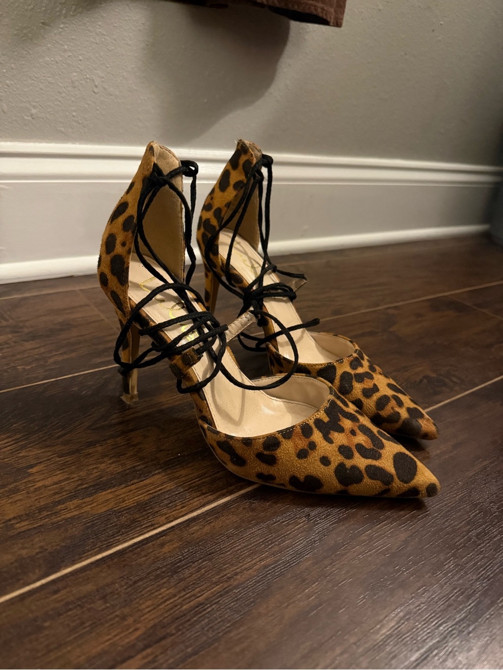 Lulu's Leopard Lace-Up Pointed Toe Heels